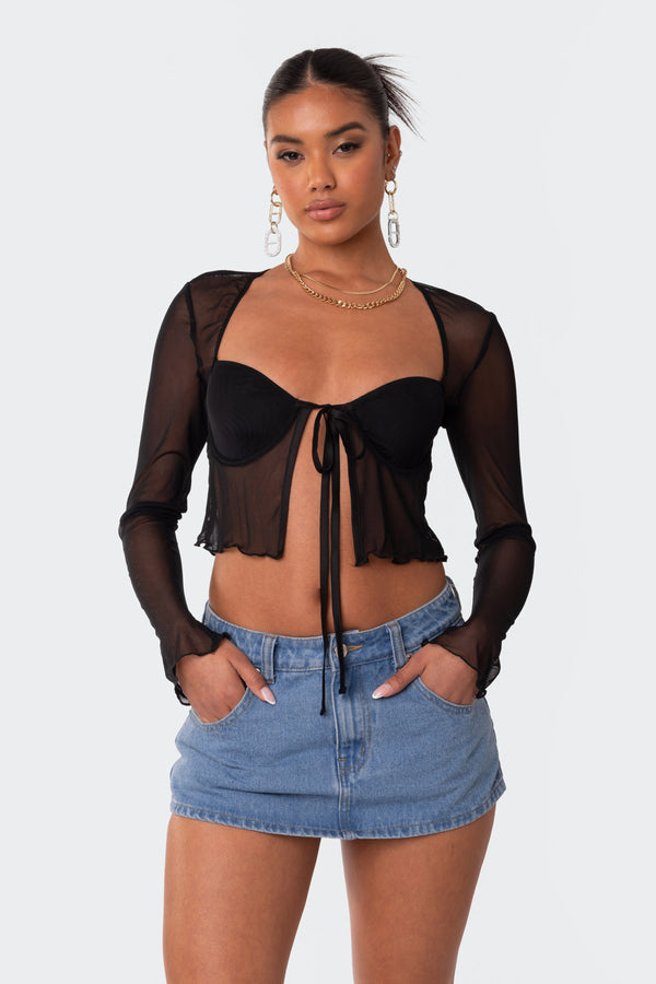 Edikted Tie Front Cupped Mesh Top Black