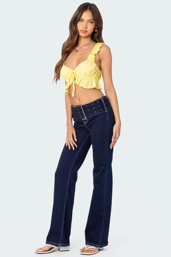 Edikted Tie Front Ruffled Top Yellow