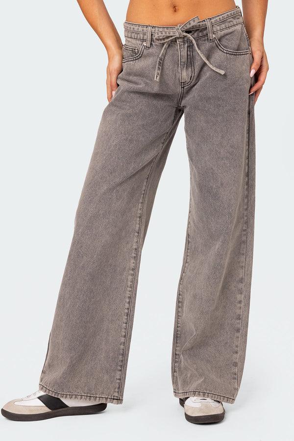Edikted Tie Waist Washed Low Rise Jeans Light Gray