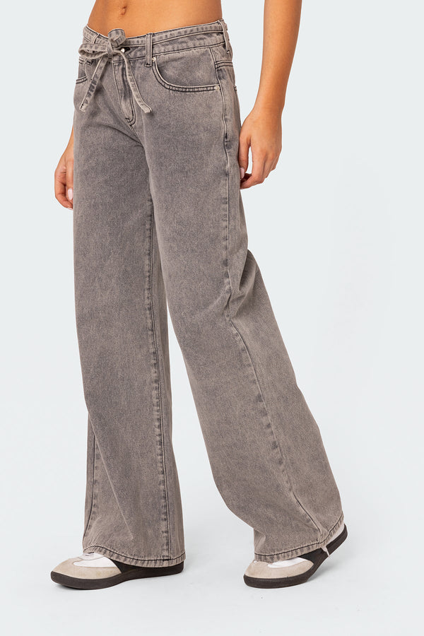 Edikted Tie Waist Washed Low Rise Jeans Light Gray