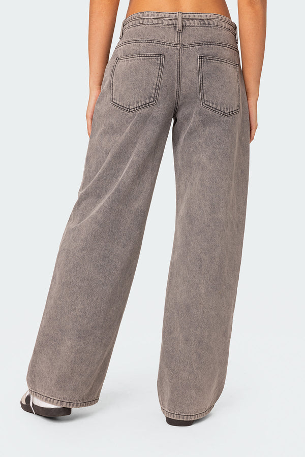 Edikted Tie Waist Washed Low Rise Jeans Light Gray