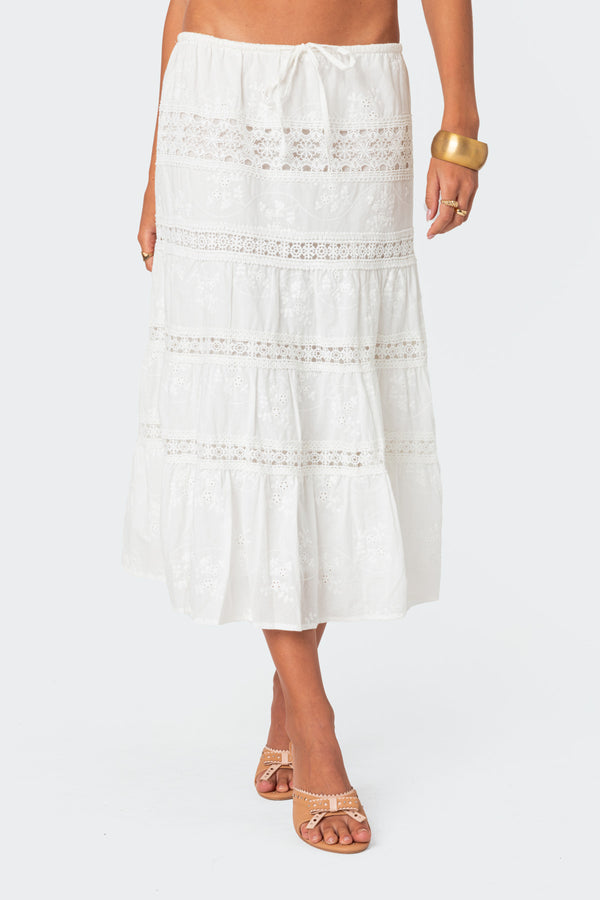 Edikted Tiered Cotton Lace Midi Skirt White