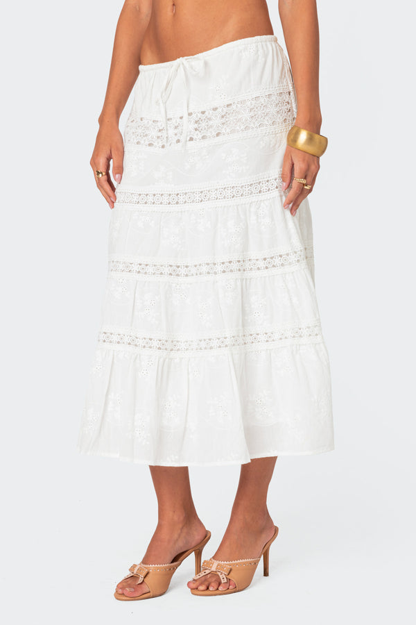 Edikted Tiered Cotton Lace Midi Skirt White