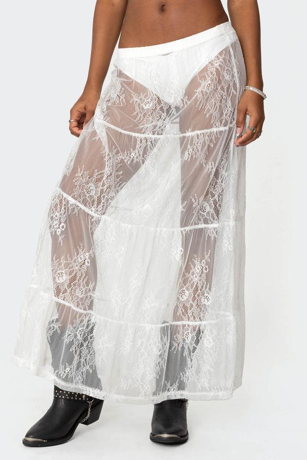 Edikted Tiered Sheer Lace Maxi Skirt White