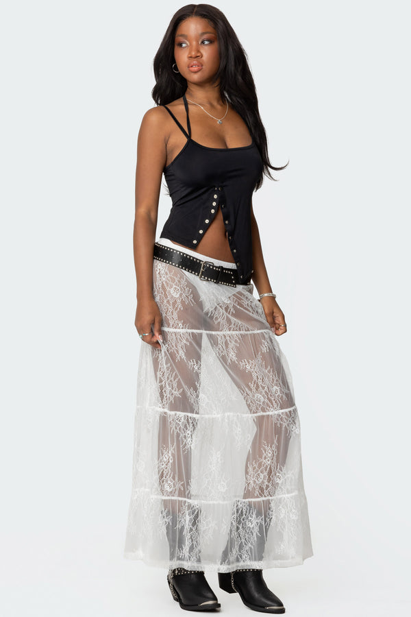 Edikted Tiered Sheer Lace Maxi Skirt White