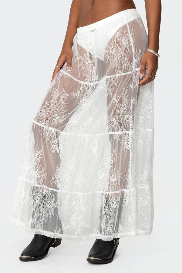 Edikted Tiered Sheer Lace Maxi Skirt White