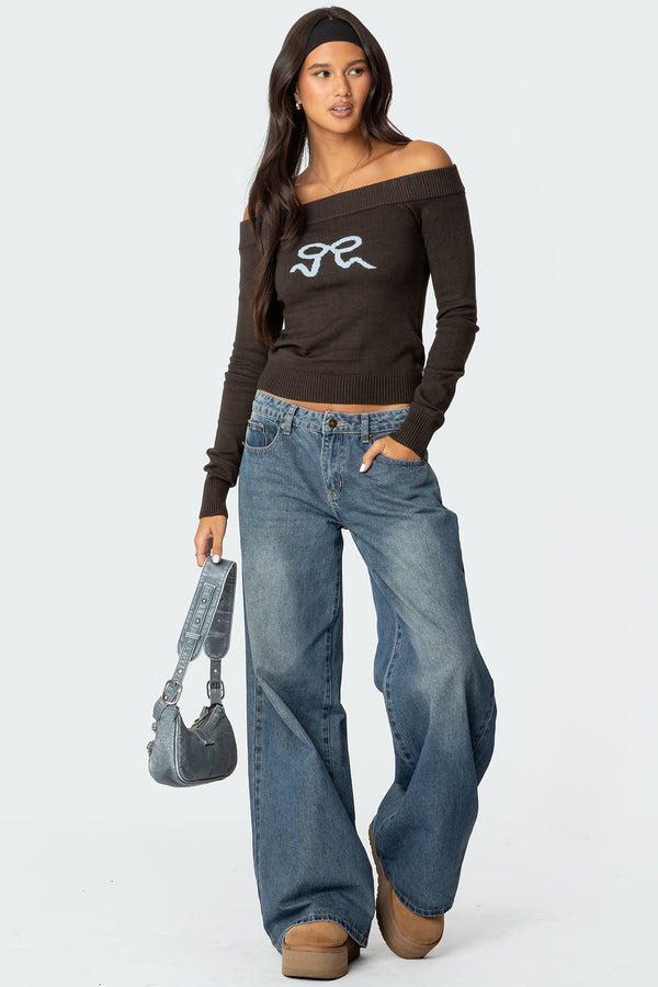 Edikted Tj Off Shoulder Knit Bow Top Dark Gray