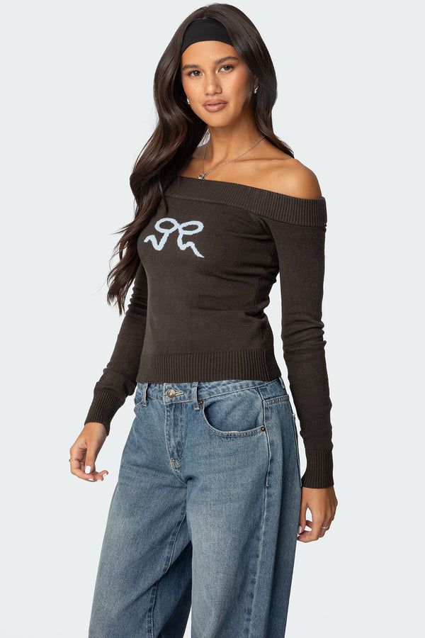 Edikted Tj Off Shoulder Knit Bow Top Dark Gray
