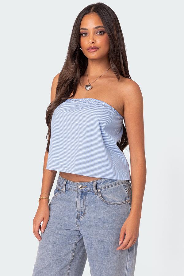 edikted Toby Striped Tube Top blue and white