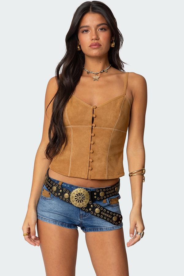 edikted Tori Faux Suede Button Up Top tan