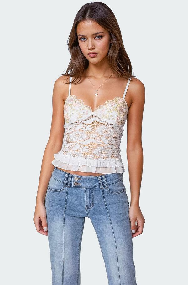 edikted Torin Sheer Lace Tank Top white