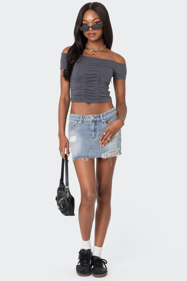 Edikted Triple Ruched Off Shoulder Top Dark Gray