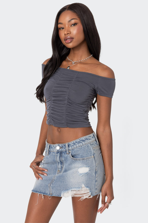 Edikted Triple Ruched Off Shoulder Top Dark Gray