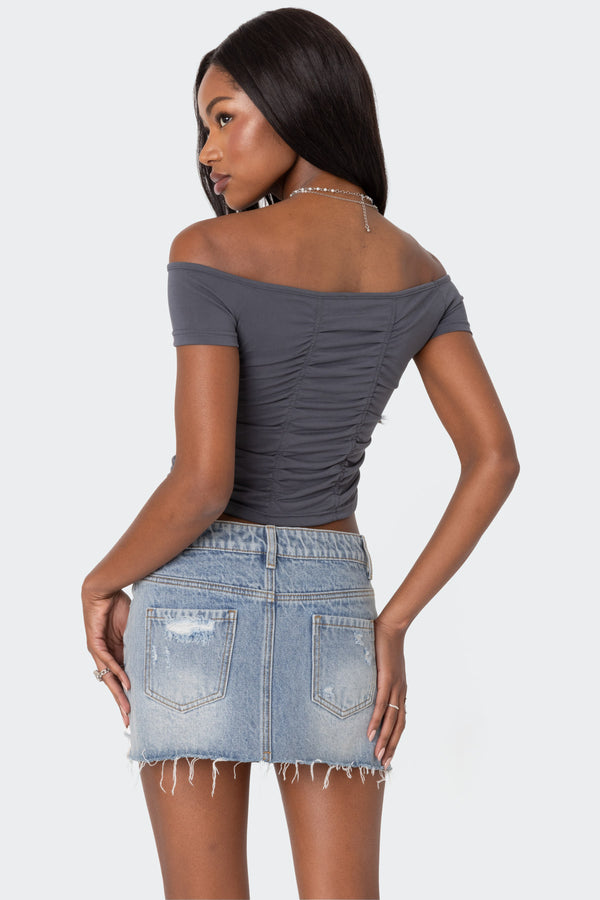 Edikted Triple Ruched Off Shoulder Top Dark Gray