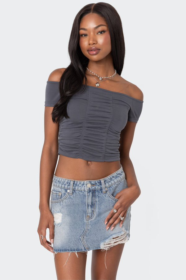 edikted Triple Ruched Off Shoulder Top dark gray