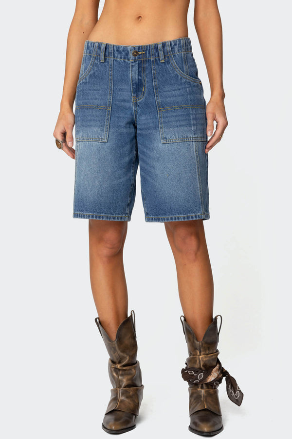 Edikted Tris Low Rise Denim Bermuda Shorts Blue