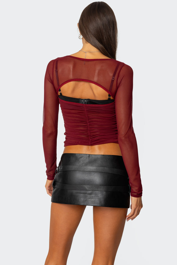Edikted Tristina Ruched Mesh Bra Top Burgundy