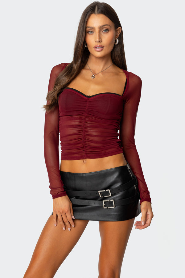 edikted Tristina Ruched Mesh Bra Top burgundy
