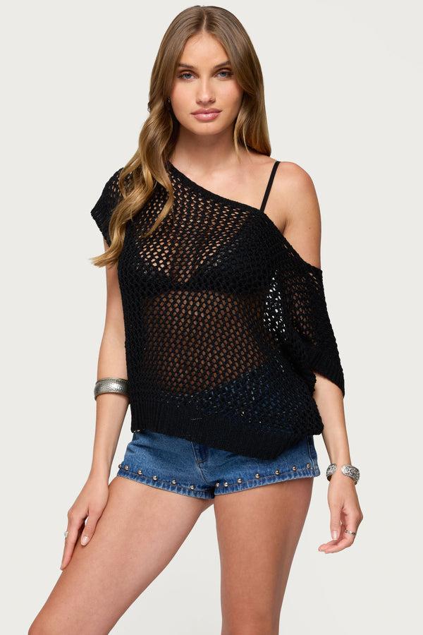 Edikted Trix Off Shoulder Open Knit Top Black