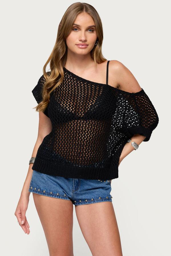 Edikted Trix Off Shoulder Open Knit Top Black