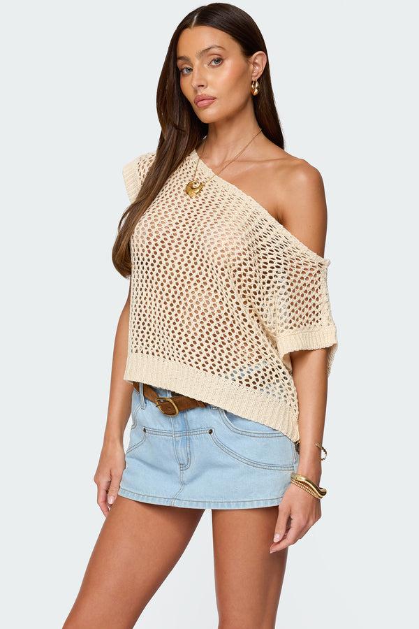Edikted Trix Off Shoulder Open Knit Top Cream