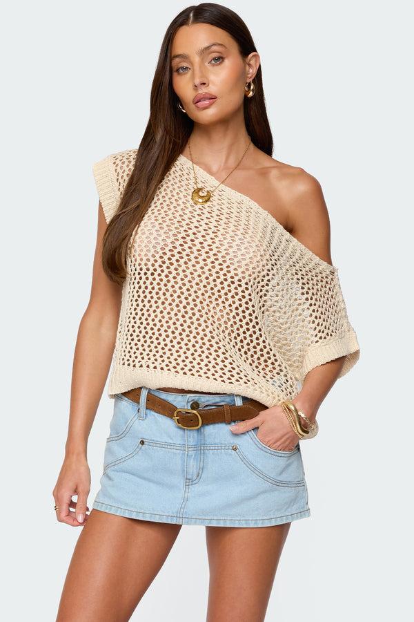 Edikted Trix Off Shoulder Open Knit Top Cream