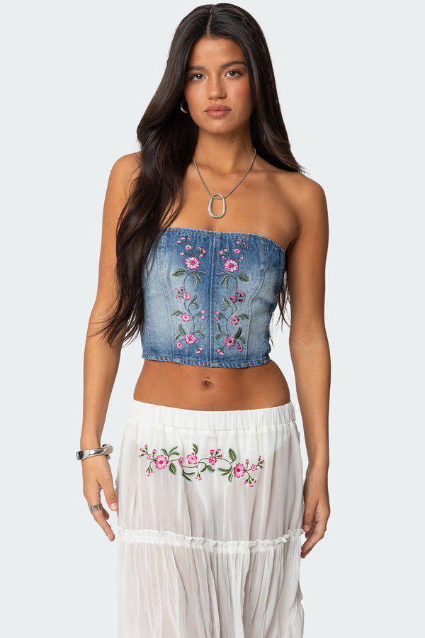 edikted Tula Embroidered Denim Corset blue