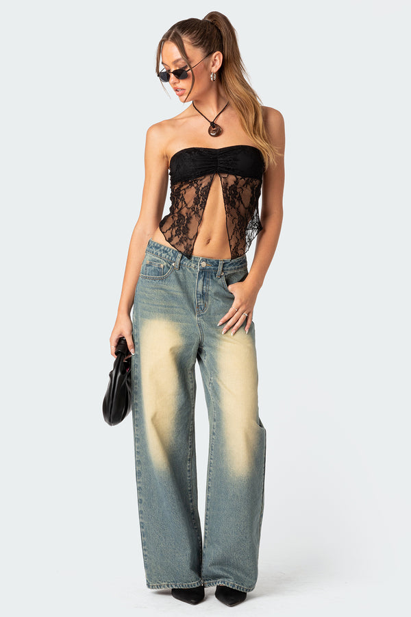 Edikted Twilight Sheer Lace Split Front Top Black