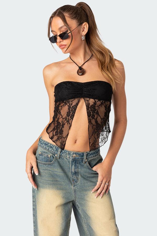 Edikted Twilight Sheer Lace Split Front Top Black