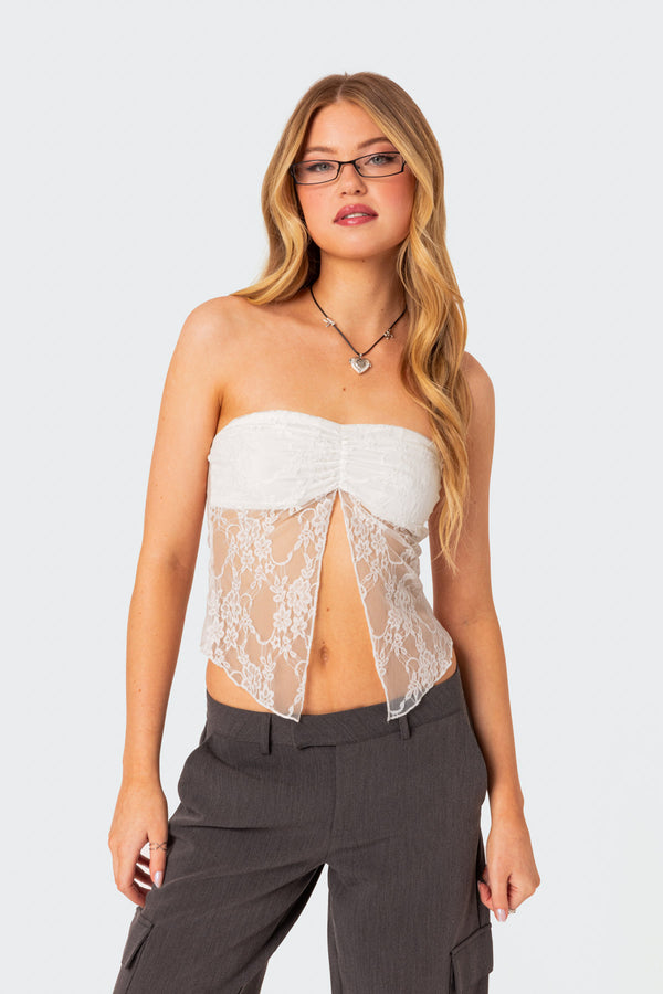 Edikted Twilight Sheer Lace Split Front Top White