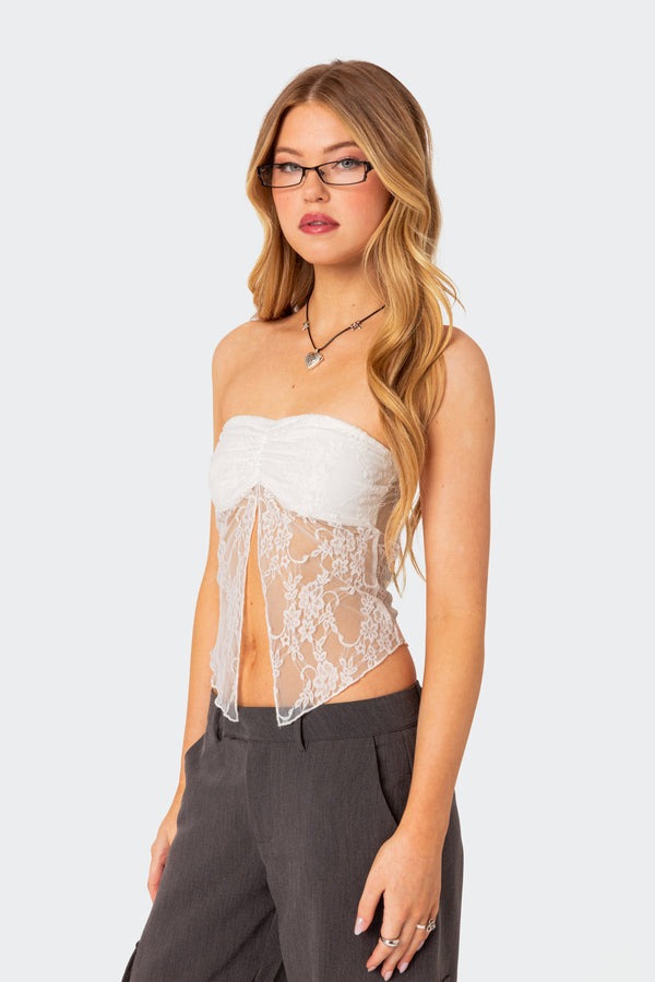 Edikted Twilight Sheer Lace Split Front Top White
