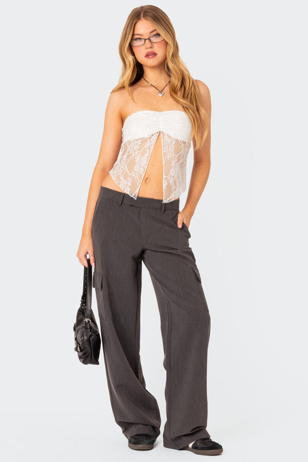 edikted Twilight Sheer Lace Split Front Top white