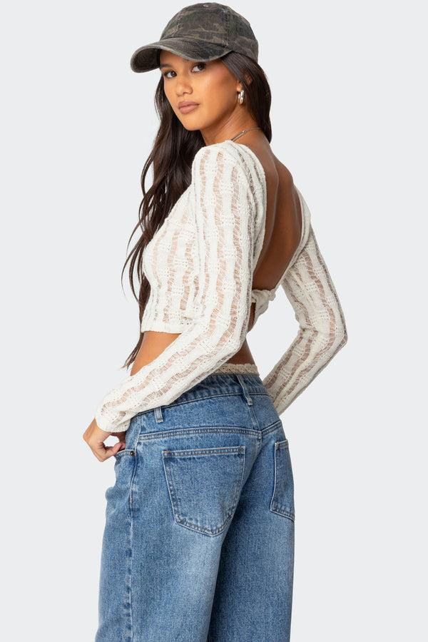 edikted Twisted Back Textured Knit Top beige