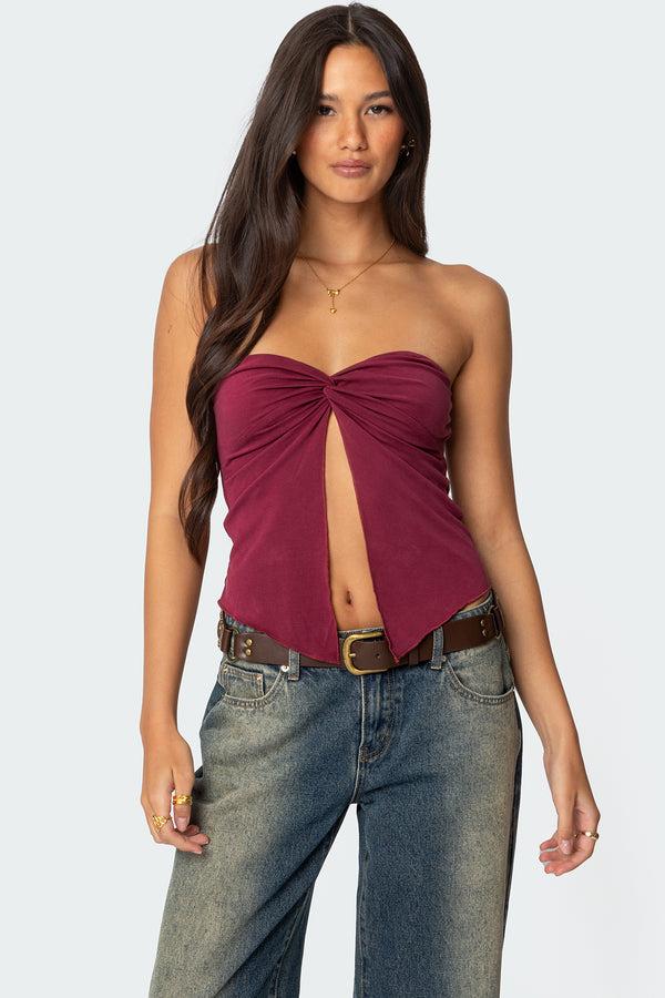 edikted Twisted Split Front Tube Top burgundy
