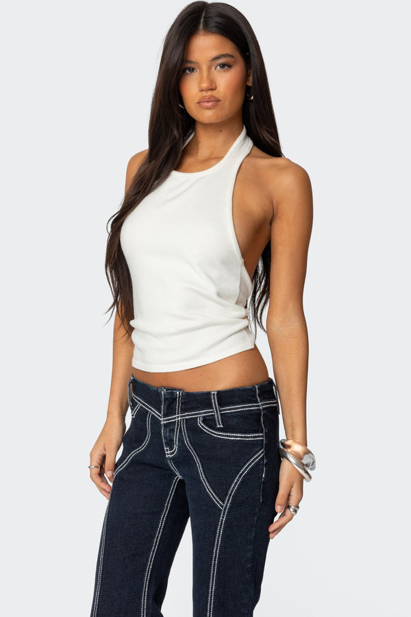 Edikted Twister Backless Knit Halter Top Cream