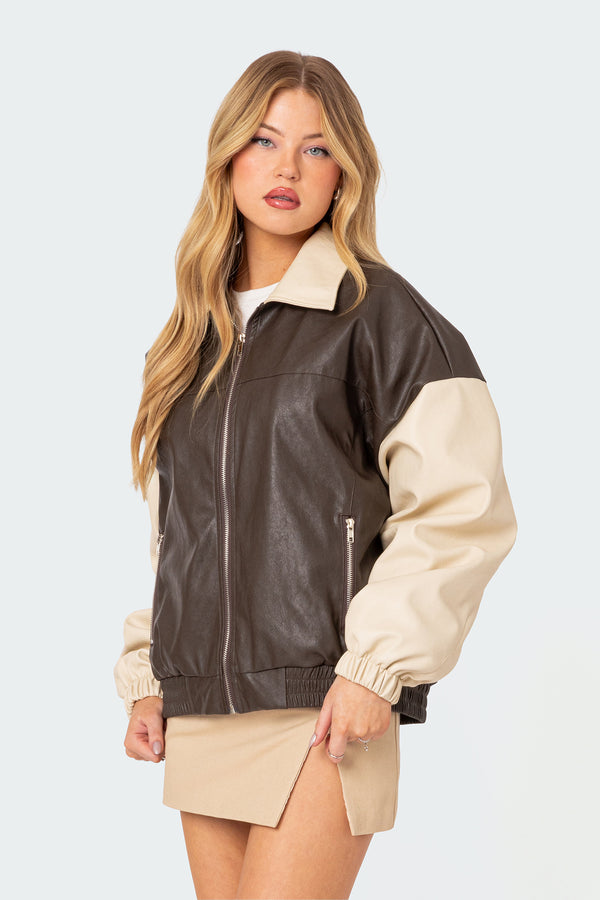 Edikted Two Tone Faux Leather Bomber Jacket Brown
