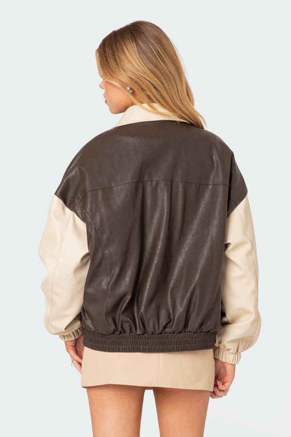 Edikted Two Tone Faux Leather Bomber Jacket Brown