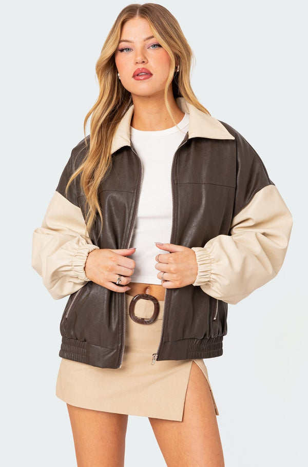 edikted Two Tone Faux Leather Bomber Jacket brown