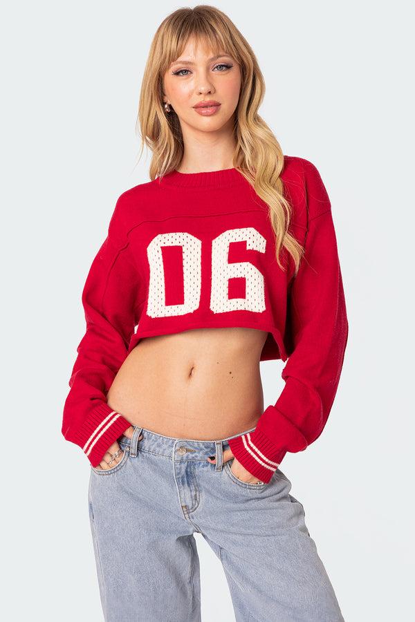 edikted Varsity Cropped Sweater red