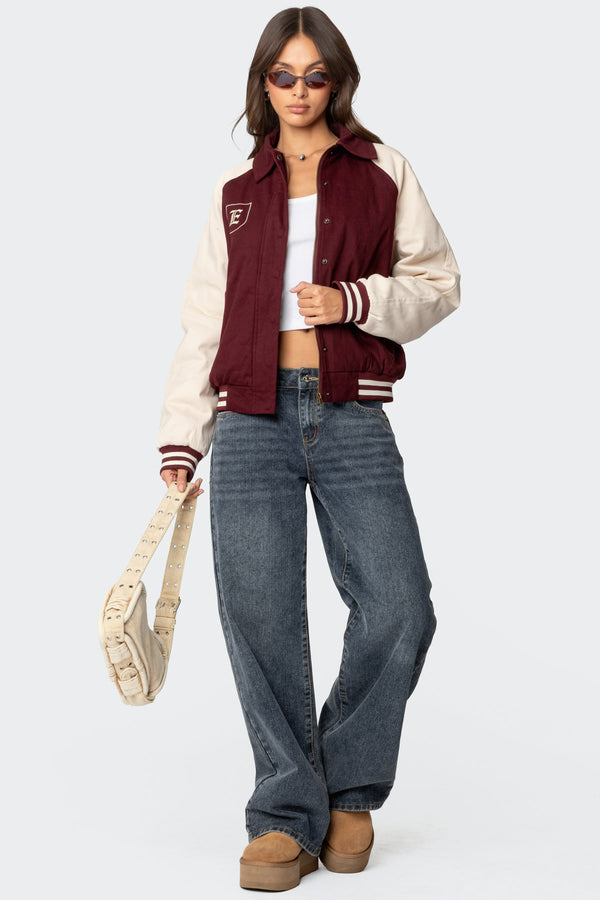 Edikted Varsity Oversized Bomber Jacket Burgundy