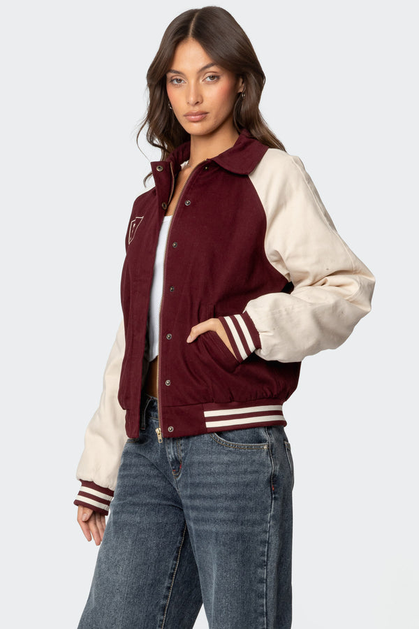 Edikted Varsity Oversized Bomber Jacket Burgundy