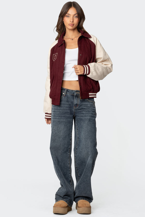 Edikted Varsity Oversized Bomber Jacket Burgundy