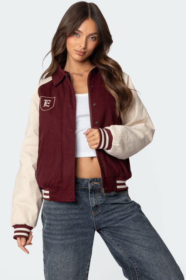 edikted Varsity Oversized Bomber Jacket burgundy