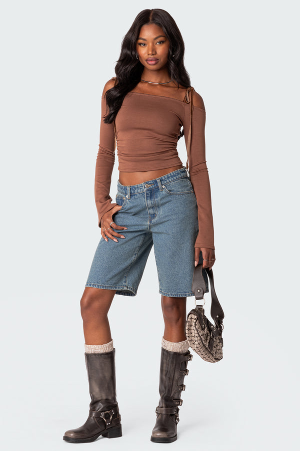 Edikted Velvet Tie Off Shoulder Top Brown