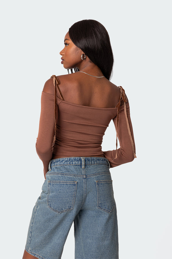 Edikted Velvet Tie Off Shoulder Top Brown
