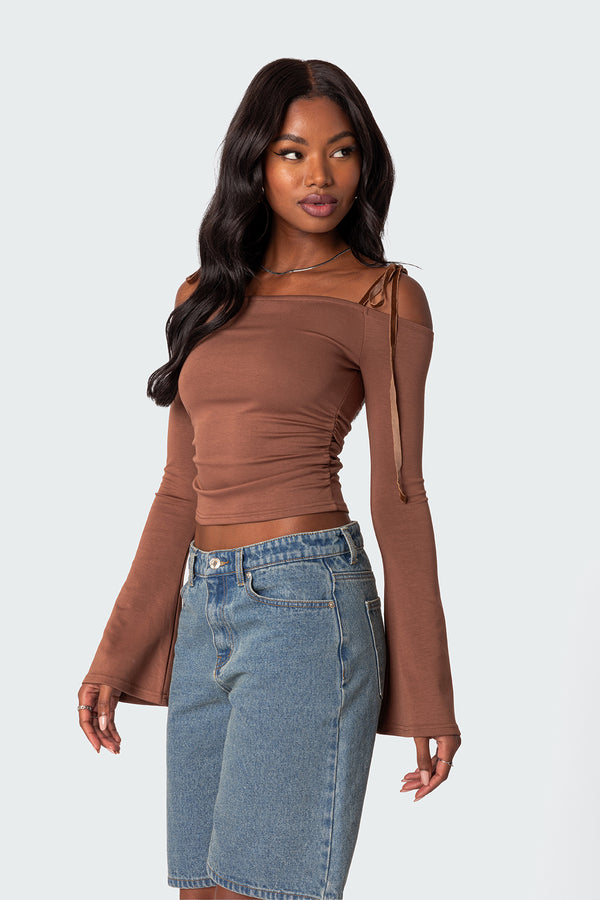 Edikted Velvet Tie Off Shoulder Top Brown