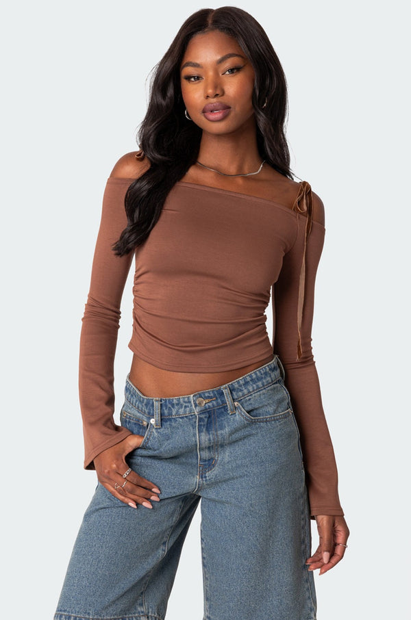 edikted Velvet Tie Off Shoulder Top brown