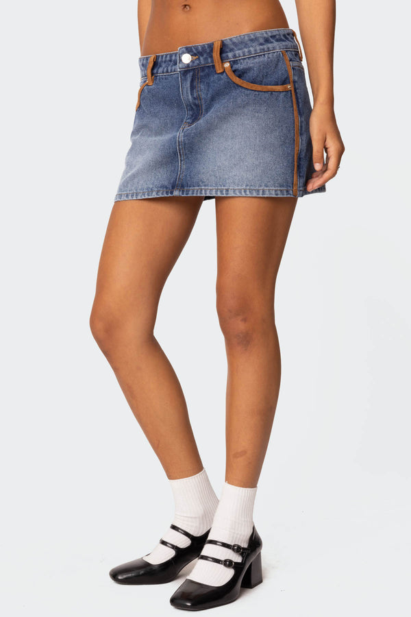 Edikted Vera Suede Trim Denim Mini Skirt Blue