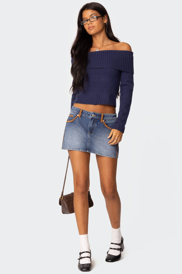 Edikted Vera Suede Trim Denim Mini Skirt Blue