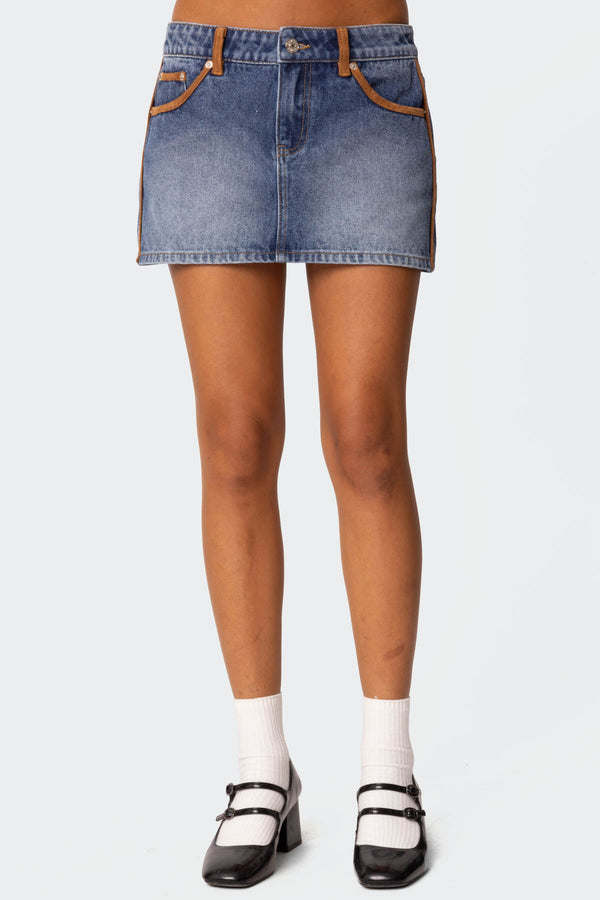 edikted Vera Suede Trim Denim Mini Skirt blue